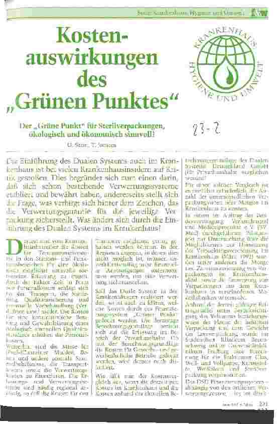 Vorschauseite 1: Kostenauswirkungen des Grünen Punktes Der Grüne Punkt für Sterilverpackungen sinnvoll?