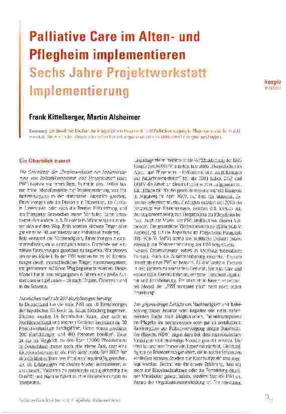 Vorschauseite 1: Palliative Care im Altenund Pflegheim implementieren Sechs Jahre Projektwerkstatt Implementierung
