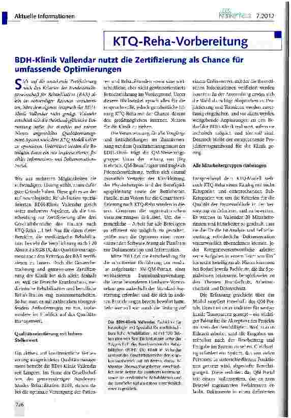 Vorschauseite 1: BDH-Klinik Vallendar nutzt die Zertifizierung als Chance für umfassende Optimierungen