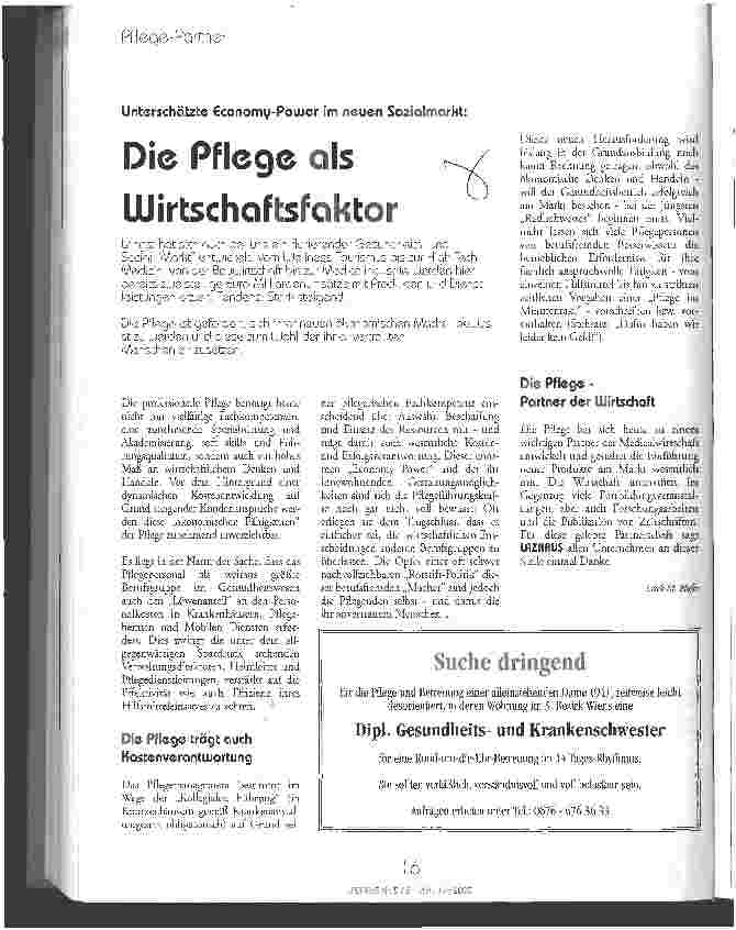 Vorschauseite 1: Die Pflege als Wirtschaftsfaktor Unterschätzte Economy-Power im neuen Sozialmarkt