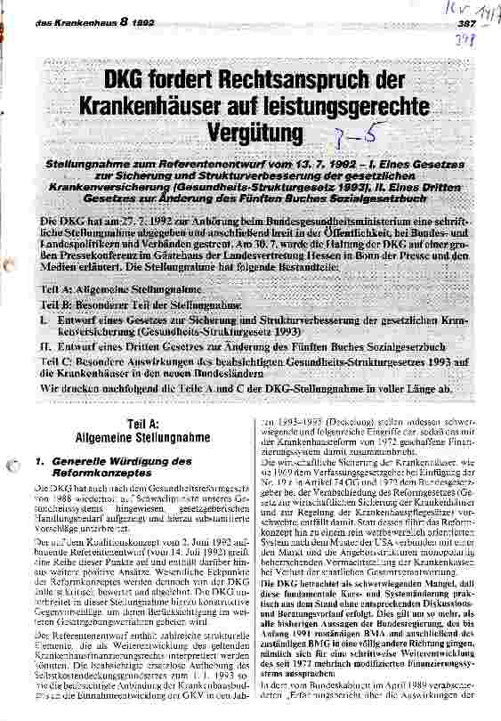 Vorschauseite 1: DKG fordert Rechtsanspruch der Krankenhäuser auf leistungsgerechte Vergütung Stellungnahme zum Referentenentwurf (Teil A+C)