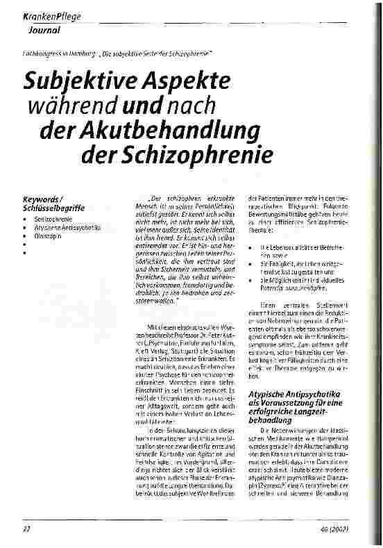 Vorschauseite 1: Subjektive Aspekte während und nach der Akutbehandlung der Schizophrenie