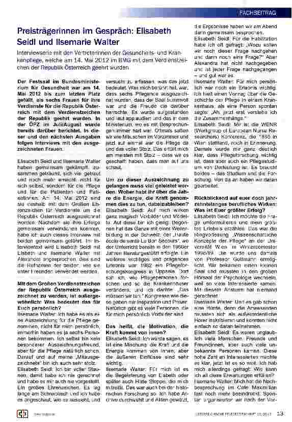 Vorschauseite 1: Preisträgerinnen im Gespräch: Elisabeth Seidl und Ilsemarie Walter