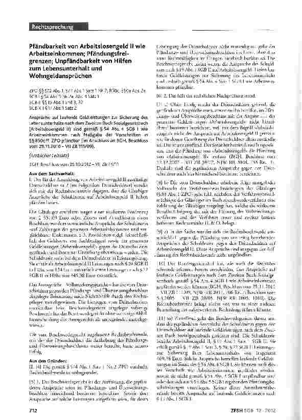 Vorschauseite 1: Pfändbarkeit von Arbeitslosengeld II wie Arbeitseinkommen; Pfändungsfreigrenzen; Unpfändbarkeit von Hilfen zum Lebensunterhalt und Wohngeldansprüchen