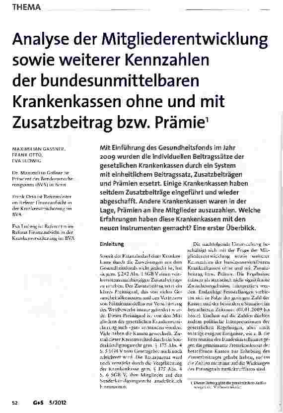 Vorschauseite 1: Analyse der Mitgliederentwicklung sowie weiterer Kennzahlen der bundesunmittelbaren Krankenkassen ohne und mit Zusatzbeitrag bzw. Prämie