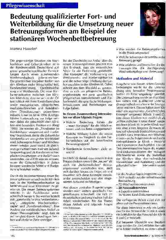 Vorschauseite 1: Bedeutung qualifizierter Fortund Weiterbildung für die Umsetzung neuer Betreuungsformen am Beispiel der stationären Wochenbettbetreuung
