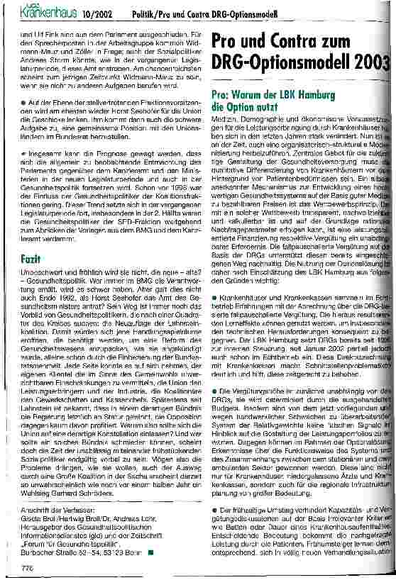 Vorschauseite 1: Pro und Contra zum DRG-Optionsmodell 2003