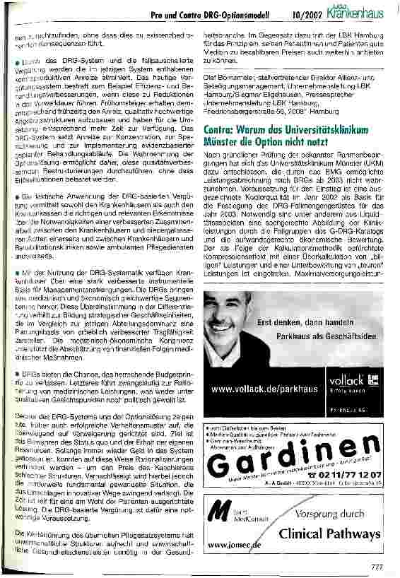 Vorschauseite 2: Pro und Contra zum DRG-Optionsmodell 2003