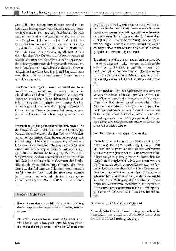 Vorschauseite 5: Sterbehilfe durch Behandlungsabbruch führt nicht zum Leistungsausschluss (hier: u.a. Hinterbliebenenrente) § 101 Abs. 1 SGB VII; BGB § 1901a
