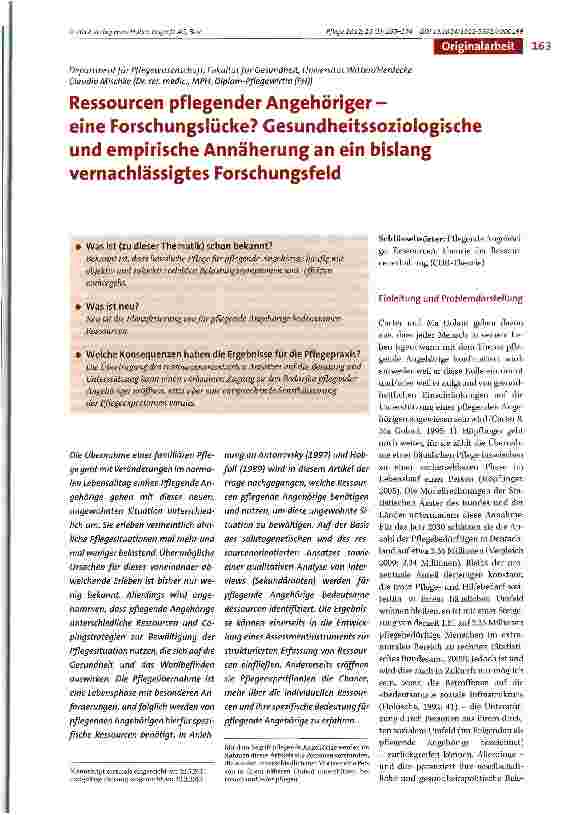 Vorschauseite 1: Ressourcen pflegender Angehöriger -eine Forschungslücke? Gesundheitssoziologische und empirische Annäherung an ein bislang vernachlässigtes Forschungsfeld