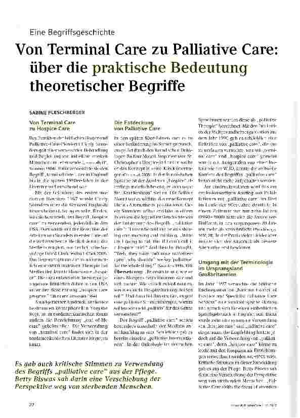 Vorschauseite 1: Eine BegriffsgeschichteVon Terminal Care zu Palliative Care über die praktische Bedeutung theoretischer Begriffe