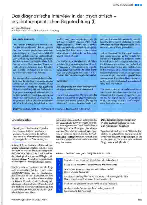 Vorschauseite 1: Das diagnostische Interview in der psychiatrisch psychotherapeutischen Begutachtung (I)