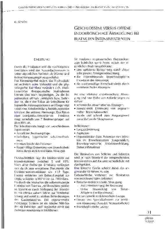 Vorschauseite 1: Geschlossene versus offene endobronchiale Absaugung bei beatmeten Intensivpatienten
