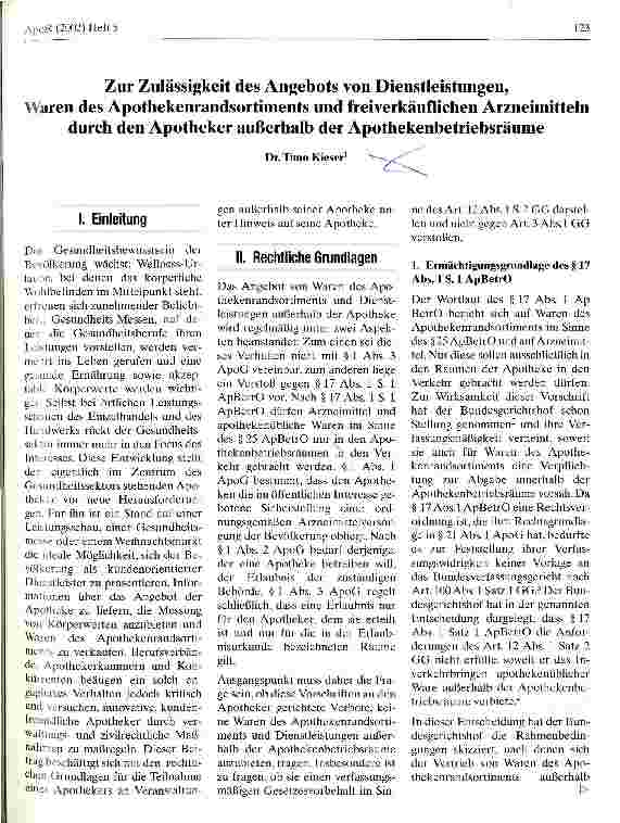 Vorschauseite 1: Zur Zulässigkeit des Angebots von Dienstleistungen, Waren des Apothekenrandsortiments und freiverkäuflichen Arzneimitteln durch den Apotheker außerhalb der Apothekenbetriebsräume