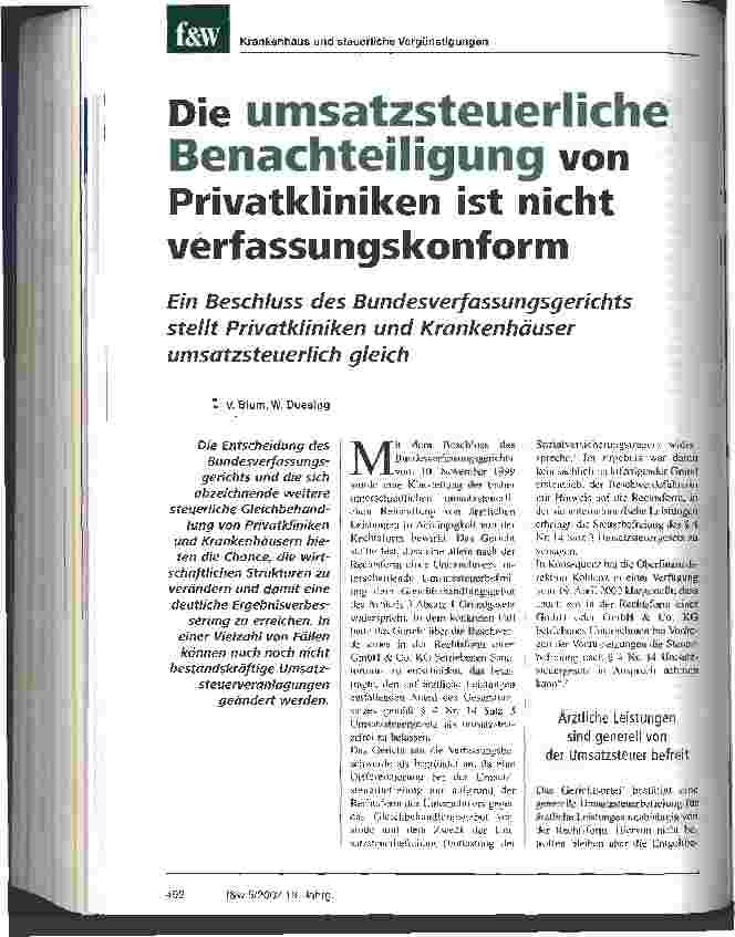 Vorschauseite 1: Die umsatzsteuerliche Benachteiligung von Privatkliniken ist nicht verfassungskonform Ein Beschluss des Bundesverfassungsgerichts stellt Privatkliniken und Krankenhäuser umsatzste…