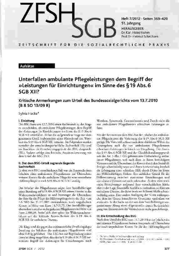 Vorschauseite 1: Unterfallen ambulante Pflegeleistungen dem Begriff der »Leistungen für Einrichtungen« im Sinne des §19 Abs. 6 SGBXII?