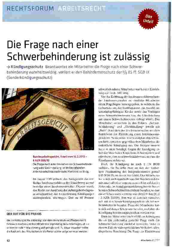 Vorschauseite 1: Die Frage nach einer Schwerbehinderung ist zulässig