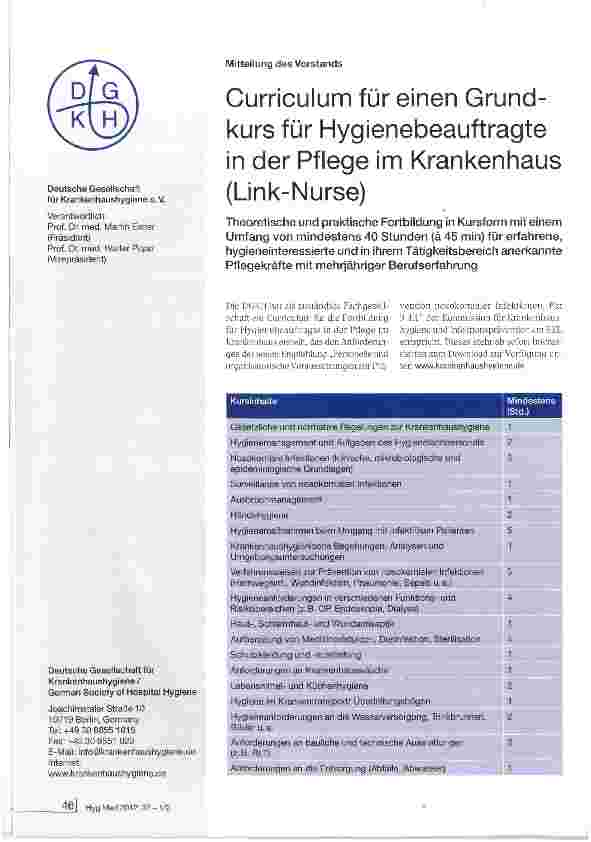 Vorschauseite 1: Curriculum für einen Grundkurs für Hygienebeauftragte in der Pflege im Krankenhaus (Link-Nurse)
