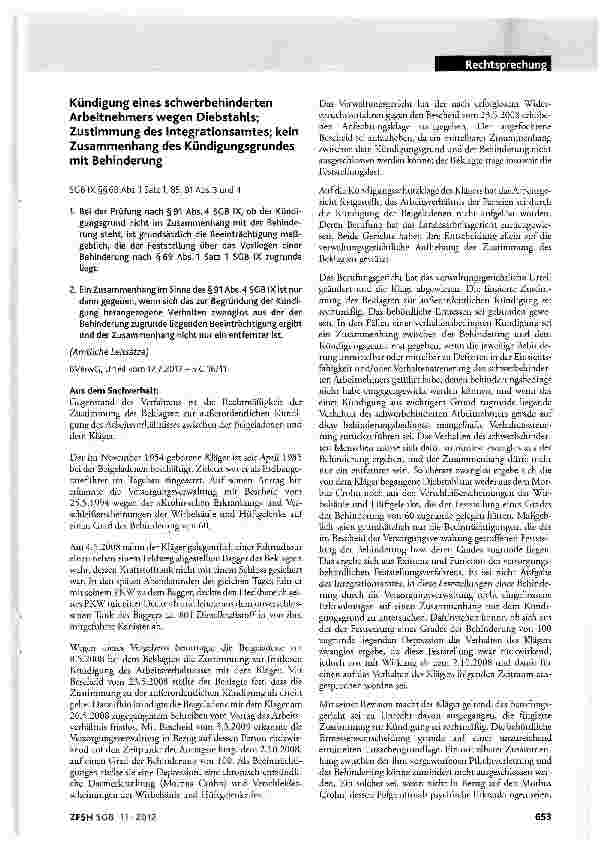 Vorschauseite 1: Kündigung eines schwerbehinderten Arbeitnehmers wegen Diebstahls; Zustimmung des Integrationsamtes; kein Zusammenhang des Kündigungsgrundes mit Behinderung SGB IX §§69 Abs.1 Satz…