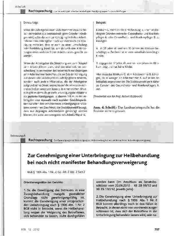 Vorschauseite 1: Zur Genehmigung einer Unterbringung zur Heilbehandlung bei noch nicht manifester Behandlungsverweigerung BGB § 1906 Abs. 1 Nr. 2; GG Art. 2 Abs. 2 Satz 2