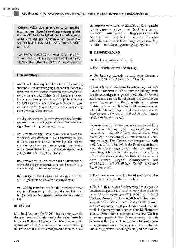 Vorschauseite 2: Zur Genehmigung einer Unterbringung zur Heilbehandlung bei noch nicht manifester Behandlungsverweigerung BGB § 1906 Abs. 1 Nr. 2; GG Art. 2 Abs. 2 Satz 2