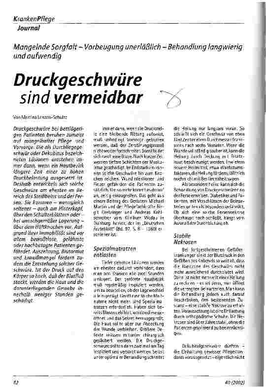 Vorschauseite 1: Druckgeschwüre sind vermeidbar Mangelnde Sorgfalt - Vorbeugung unerläßlich - Behandlung langwierig und aufwendig