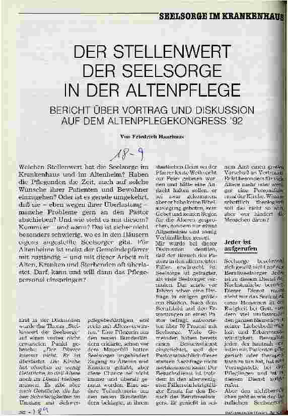 Vorschauseite 1: Der Stellenwert der Seelsorge in der Altenpflege Bericht über Vortrag und Diskussion auf dem Altenpflegekongress 92
