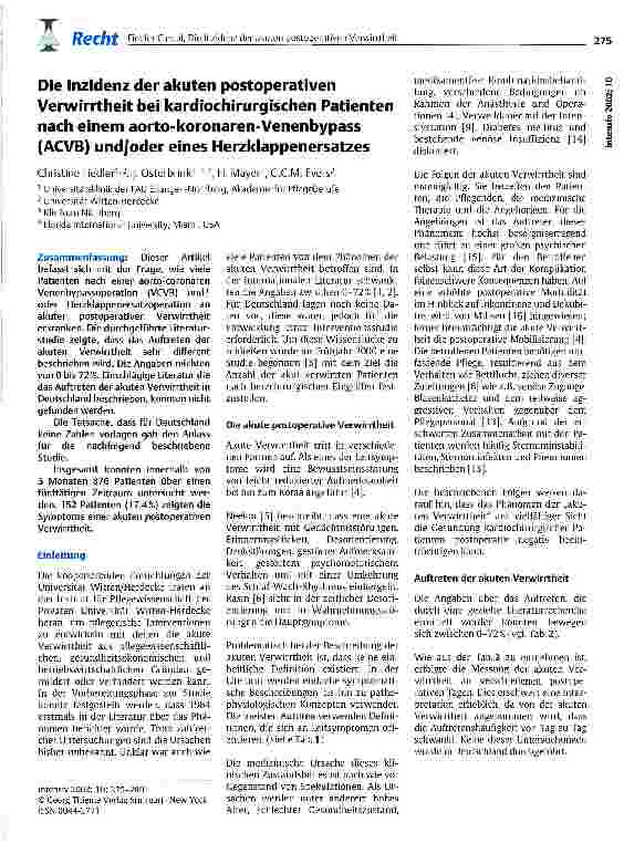 Vorschauseite 1: Die Inzidenz der akuten postoperativen Verwirrtheit bei kardiochierurgischen Patienten nach einem aorto-koronaren-Venenbybass (ACVB) und/oder eines Herzklappenersatzes