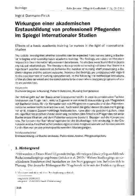 Vorschauseite 1: Wirkungen einer akademischen Erstausbildung von professionell Pflegenden im Spiegel internationaler Studien