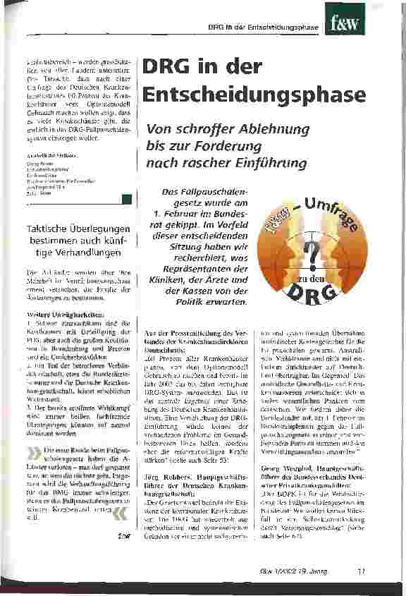 Vorschauseite 1: DRG in der Entscheidungsphase Von schroffer Ablehnung bis zur Forderung nach rascher Einführung
