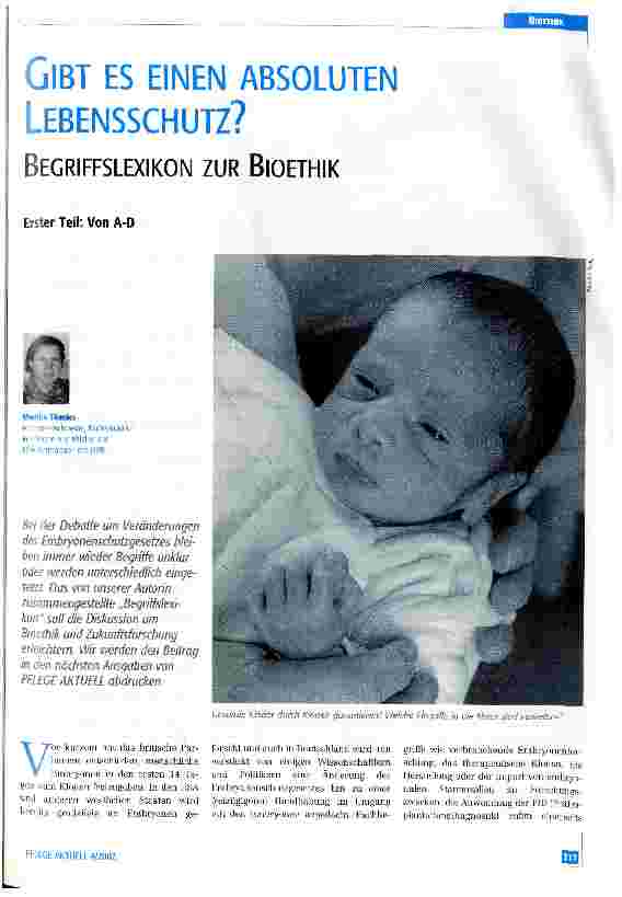 Vorschauseite 1: Gibt es einen absoluten Lebensschutz? Begriffslexikon zur Bioethik, erster Teil: von A-D