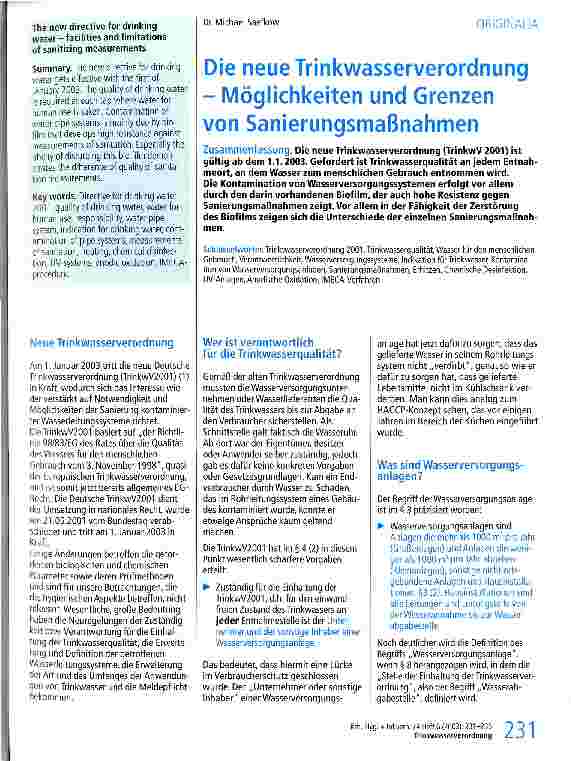 Vorschauseite 1: Die neue Trinkwasserverordnung - Möglichkeiten und Grenzen von Sanierungsmaßnahmen