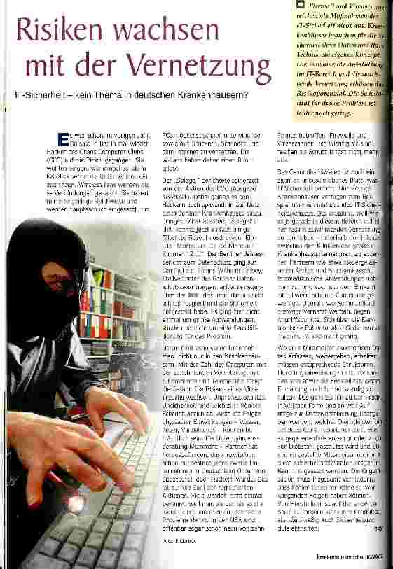 Vorschauseite 1: Risiken wachsen mit der Vernetzung IT-Sicherheit - kein Thema in deutschen Krankenhäusern?