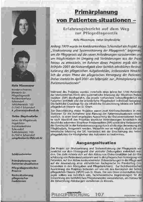 Vorschauseite 1: Primärplanung von Patientensituationen Erfahrungsbericht auf dem Weg zur Pflegediagnostik