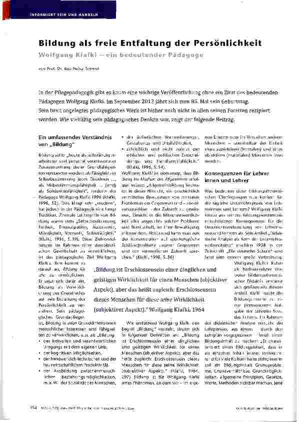Vorschauseite 1: Bildung als freie Entfaltung der Persönlichkeit Wolfgang KSafki — ein bedeutender Pädagoge