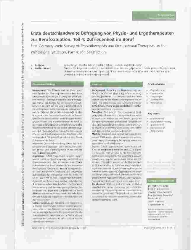 Vorschauseite 1: Erste deutschlandweite Befragung von Physiound Ergotherapeuten zur Berufssituation. Teil 4: Zufriedenheit im Beruf