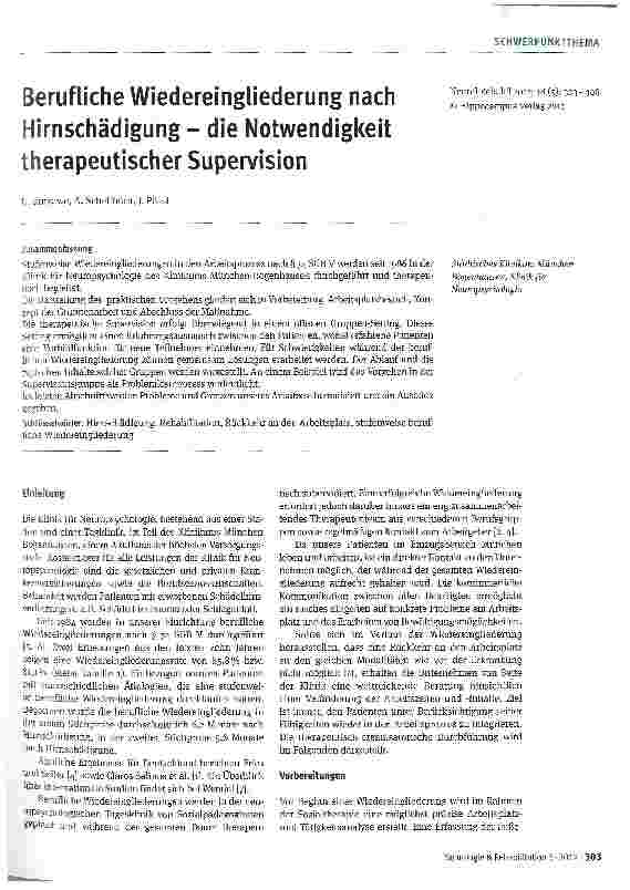 Vorschauseite 1: Berufliche Wiedereingliederung nach Hirnschädigung - die Notwendigkeit therapeutischer Supervision