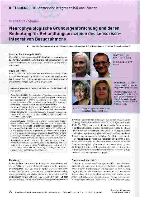 Vorschauseite 1: Neurophysiologische Grundlagenforschung und deren Bedeutung für Behandlungsprinzipien des sensorisch-integrativen Bezugrahmens