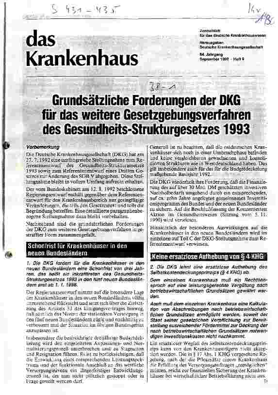 Vorschauseite 1: Grundsätzliche Forderungen der DKG für das weitere Gesetzgebungsverfahren des GSG 1993