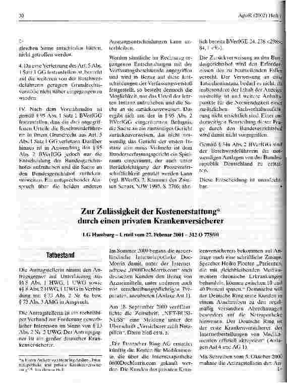 Vorschauseite 1: Zur Zulässigkeit der Kostenerstattung durch einen privaten Krankenversicherer