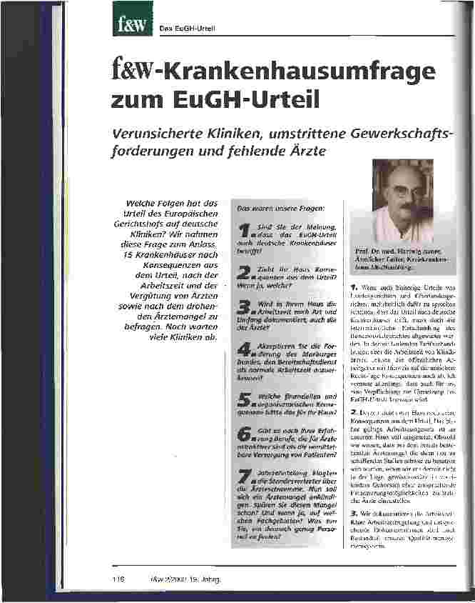 Vorschauseite 1: f&w-Krankenhausumfrage zum EuGH-Urteil