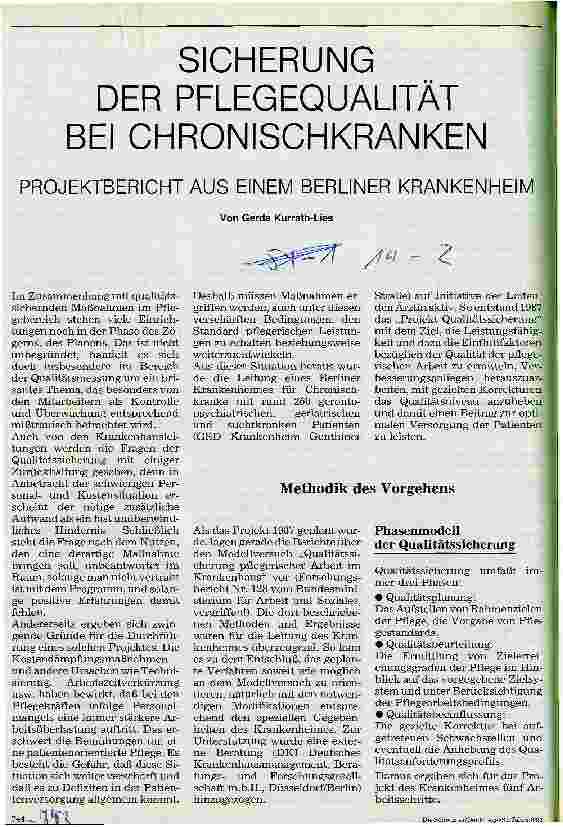 Vorschauseite 1: Sicherung der Pflegequalität bei Chronischkranken Projektbericht aus einem Berliner Krankenhaus