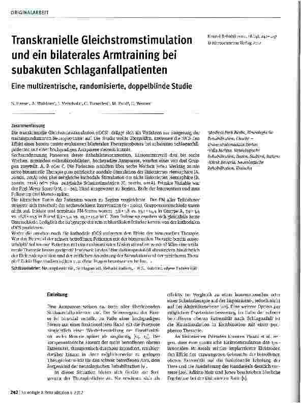 Vorschauseite 1: Transkranielle Gleichstromstimulation und ein bilaterales Armtraining bei subakuten Schlaganfallpatienten