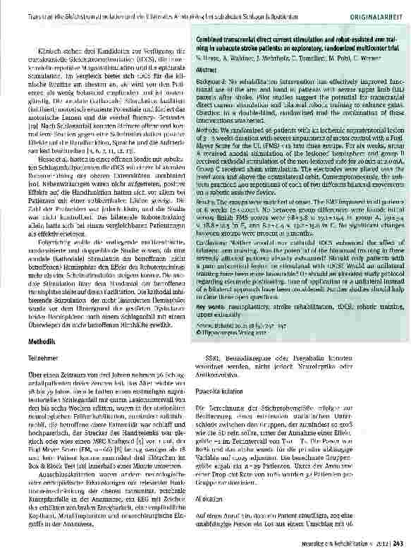 Vorschauseite 2: Transkranielle Gleichstromstimulation und ein bilaterales Armtraining bei subakuten Schlaganfallpatienten