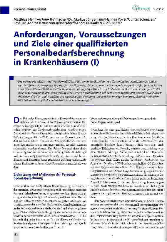 Vorschauseite 1: Anforderungen, Voraussetzungen und Ziele einer qualifizierten Personalbedarfsberechnung in Krankenhäusern (I)