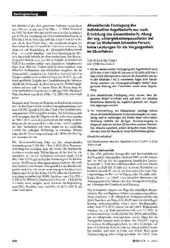 Vorschauseite 1: Abweichende Festlegung des individuellen Regelbedarfs nur nach Ermittlung des Gesamtbedarfs; Abzug der sog. »Energie-kostenpauschale« bei einer im Wohnheim lebenden Person; keine…