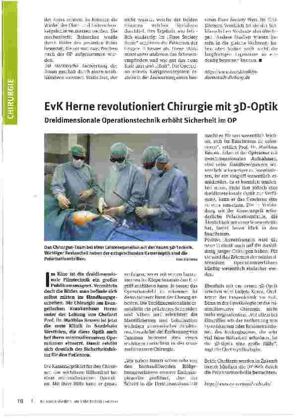 Vorschauseite 1: EvK Herne revolutioniert Chirurgie mit 3D-OptikDreidimensionale Operationstechnik erhöht Sicherheit im OP