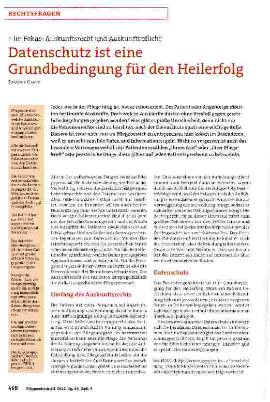 Vorschauseite 1: Datenschutz ist eine Grundbedingung für den Heilerfolg Im Fokus: Auskunftsrecht und Auskunftspflicht