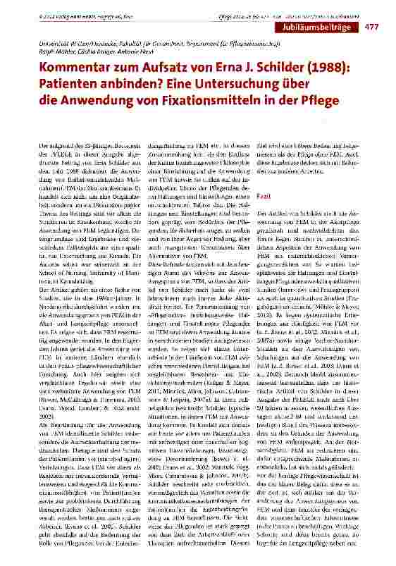 Vorschauseite 1: Kommentar zum Aufsatz von Erna J. Schilder (1988): Patienten anbinden? Eine Untersuchung über die Anwendung von Fixationsmitteln in der Pflege