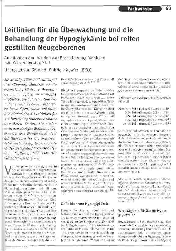 Vorschauseite 1: Leitlinien für die Überwachung und die Behandlung der Hypoglykämie bei reifen gestillten NeugeborenenAnleitungen der Academy of Breastfeeding Mediane Klinische Anleitung Nr. 1(Übr…